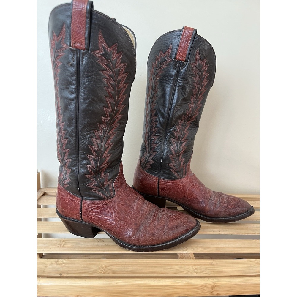Hondo Boots Mens 8.5 Cowboy Exotic Hide Leather Red Black Western Style Heel VTG